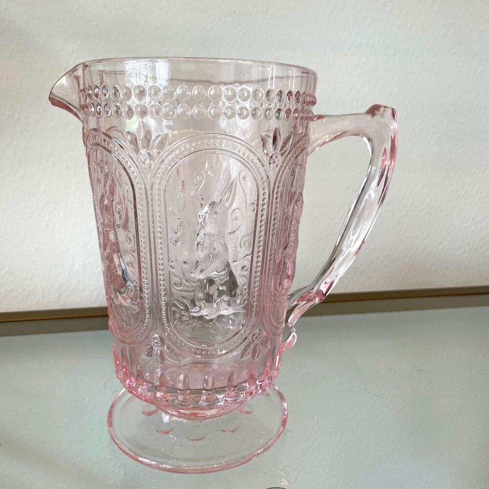 Pink Easter Bunny Glass Pitcher Hobnail Victorian Vintage Style Embossed NEW